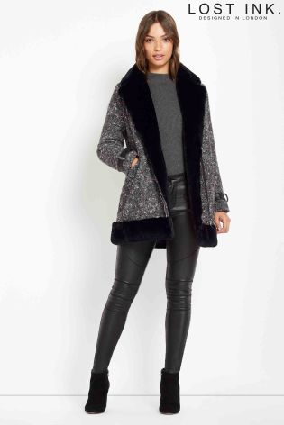 Lost Ink Tweed Fur Lined Coat